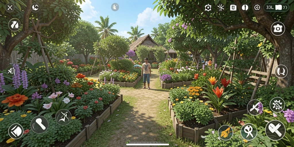 Tampilan screenshot 33L menampilkan kebun yang subur dan beragam tanaman.