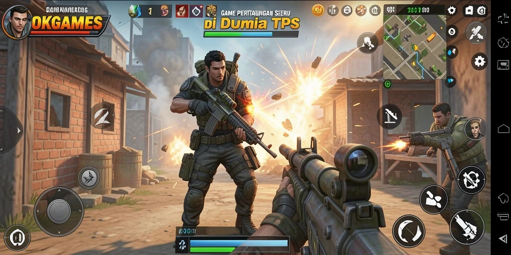 Menampilkan aksi seru dalam gameplay TPS OKGAMES.