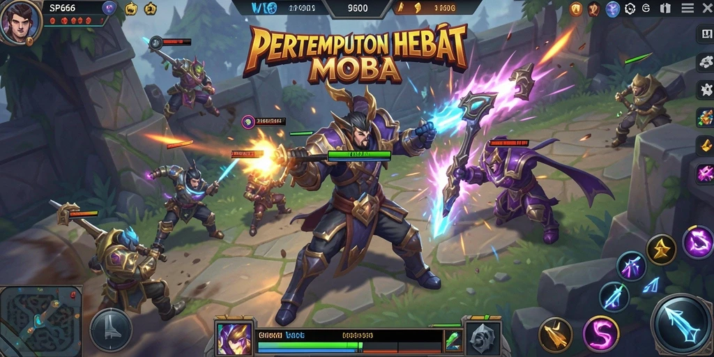 Tangkapan layar menunjukkan pertempuran seru dalam game MOBA.